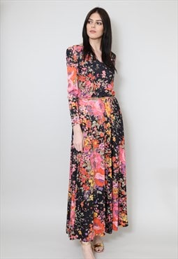  70's Vintage Ladies Maxi Dress Black Long Sleeve Floral