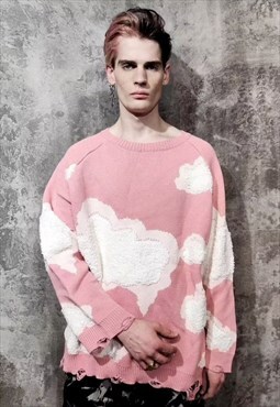 Cloud print sweater 3D fleece sky knitted jumper in pink