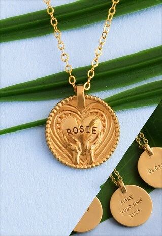 GOLD PERSONALISED NAME COIN HEART NECKLACE WITH MESSAGE