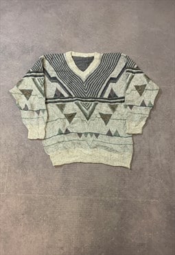 Vintage Knitted Jumper Abstract Patterned Grandad Sweater