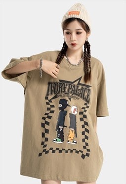 Anime print t-shirt Japanese tee grunge hiphop top in khaki