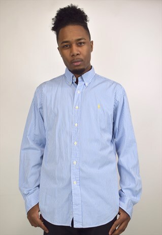 VINTAGE 90S RALPH LAUREN BLUE STRIPE YELLOW LOGO SHIRT