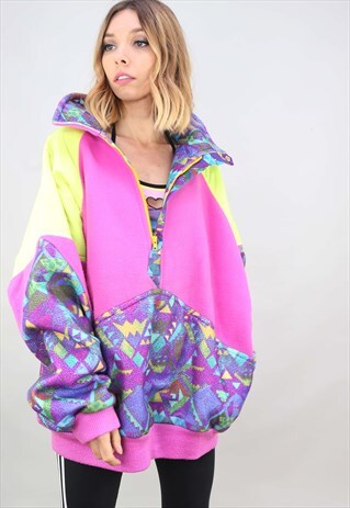 VINTAGE 90S OVERSIZED 1/4 ZIP PINK PATTERNED FLEECE