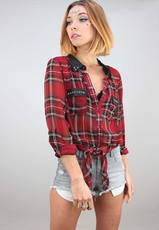 VINTAGE RETRO OVERSIZED SHEER TIE FRONT TARTAN BLOUSE