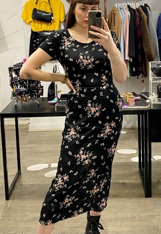 VINTAGE 80S DRESS FLORAL IN BLACK PINK GREEN FLOWER PATTERN