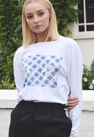 NUDE ETHICS ORGANIC EMBROIDERED CHECK LONG SLEEVE WHITE TEE