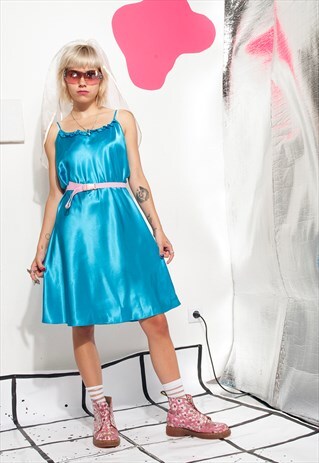 90S VINTAGE SLIP DRESS IN TURQUOISE SATIN W FRILLS