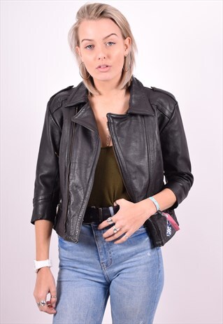 WOMENS VINTAGE LEATHER JACKET XS BLACK 90'S
