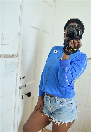 VINTAGE HIGH NECK ZIP UP JACKET IN BLUE
