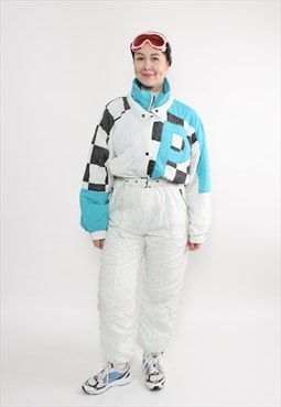 80s one piece ski suit in white, vintage winter jumpsuit