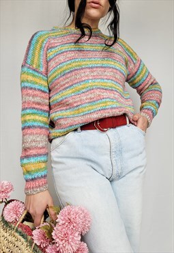 Vintage 90s handmade colorful striped crew neck jumper