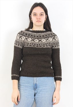 Handmade Wool Pullover Sweater Jumper Knit Brown Winter Top