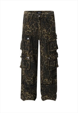 Cargo pocket leopard jeans animal print denim spot pants