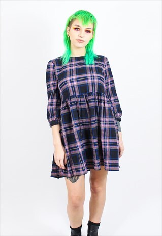 LONG SLEEVED DRESS IN PINK AND BLUE TARTAN PRINT