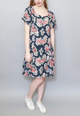 VINTAGE 1990'S BLUE AND RED FLORAL BUTTON FRONT MINI DRESS