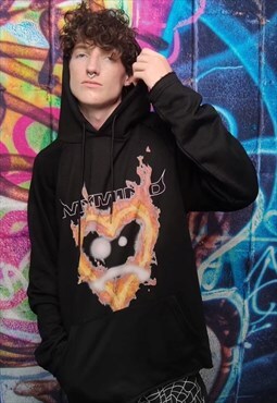 Heart print baggy hoodie flame pullover punk top in black