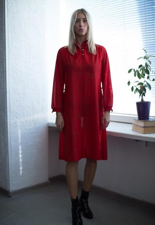 VINTAGE 80'S MIDI RED PATTERNED LONG SLEEVED DRESS
