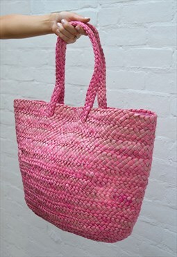 Vintage Y2K Bright Pink Woven Straw Oversize Basket Bag
