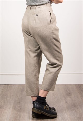 VINTAGE 90'S OAT BEIGE HIGH WAIST SMART WOOL BLEND TROUSERS