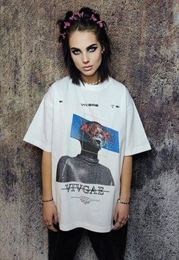 Raver t-shirt cyber punk tee grunge robot print top in white