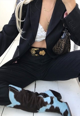 VINTAGE TRUE 90S BLACK REAL WOOL PINSTRIPED POWER SUIT SET