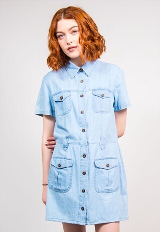 VINTAGE 90'S LIGHT BLUE DENIM BUTTON FRONT MINI DRESS