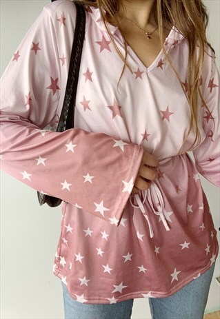 VINTAGE Y2K 00S STAR PRINT BARBIE TUNIC BLOUSE TOP PINK