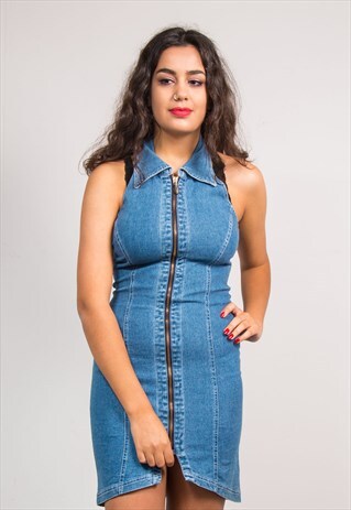 VINTAGE 90'S BLUE DENIM HALTER NECK FITTED ZIP MINI DRESS