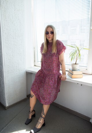 VINTAGE 80'S RED FLORAL PRINT MIDI SHORT SLEEVED DRESS