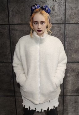 Basic fleece jacket high neck fluffy pullover in white