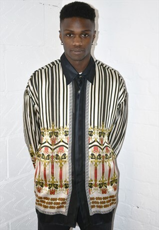 VINTAGE 90S SILK STRIPE PATTERN BAROQUE PRINT SHIRT