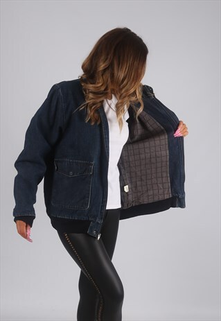 VINTAGE DENIM BOMBER JACKET OVERSIZED LINED UK 16 (G7BD)