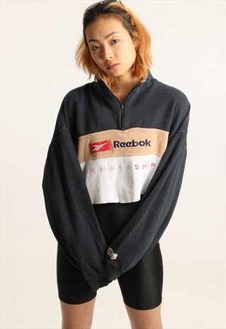 VINTAGE REEBOK EMBROIDERED SPELLOUT CROP 1/4 ZIP SWEATSHIRT