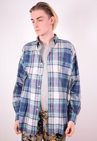 RALPH LAUREN MENS VINTAGE SHIRT LARGE BLUE CHECK 90S