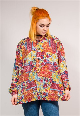 VTG 90'S WAVEY BRIGHT FLORAL PATTERN OVERSIZE SHIRT BLOUSE