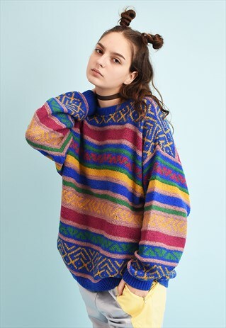 90'S RETRO ABSTRACT PATTERN OVERSIZED JAZZY KNIT JUMPER