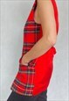 VINTAGE LONG RED PLAID VEST,70S RED TARTAN VEST