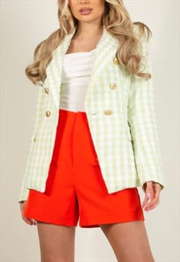 Woven Tweed Golden Button Double Breasted Blazer In Green