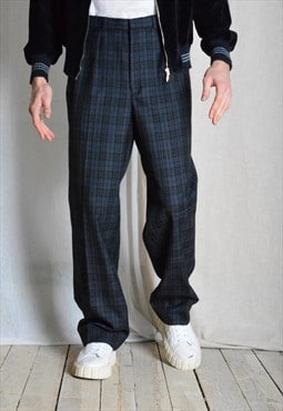 Vintage 70s Navy Blue Gray Check Preppy Pleated Mens Pants