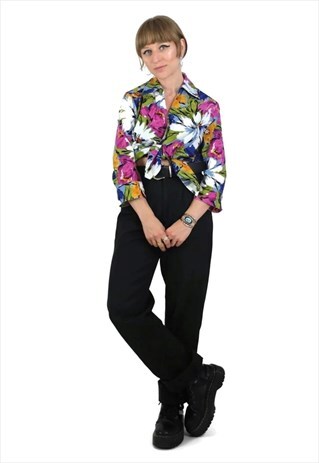 VINTAGE COLLARED BLOUSE 90S FLORAL 3/4 SLEEVE BUTTON UP