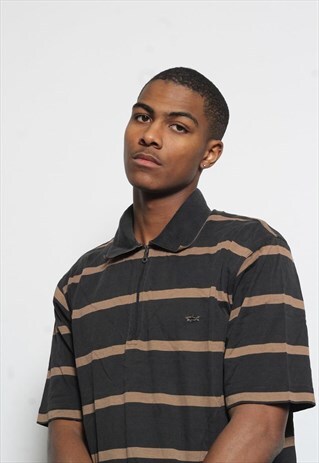VINTAGE PAUL AND SHARK LOGO POLO 1/4 ZIP T-SHIRT BROWN