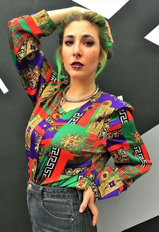 VINTAGE MAD PATTERNED COLLARLESS BLOUSE