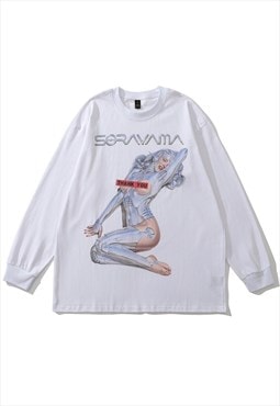 Sorayama t-shirt punk robot long tee retro cyber top white