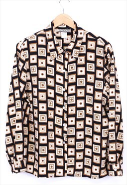 Vintage Abstract Shirt Brown Long Sleeve With Block Patterns