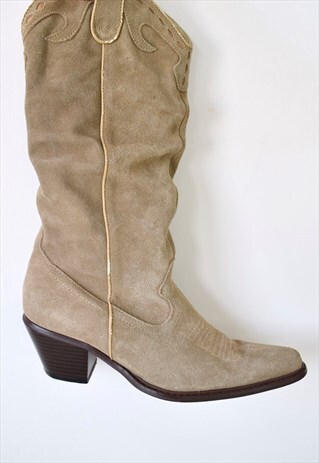 VINTAGE GENUINE ITALIAN SUEDE RUCHED TALL COWBOY BOOTS 4