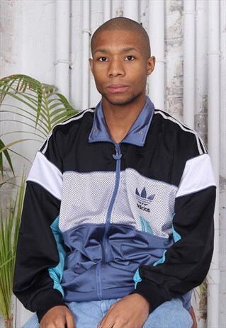 VINTAGE ADIDAS BIG LOGO THREE STRIPE TRACK JACKET BLACK BLUE