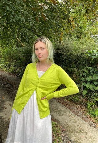 VINTAGE SIZE M KNITTED NEON CARDIGAN IN LIME GREEN