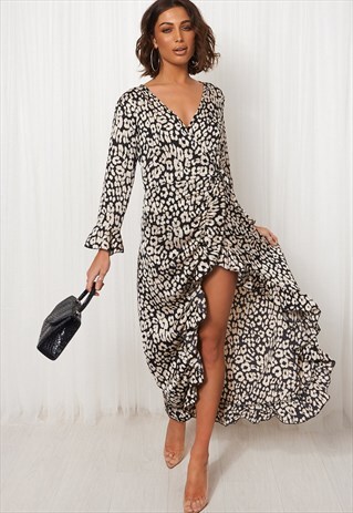 BLACK DALMATIAN WRAP MAXI DRESS