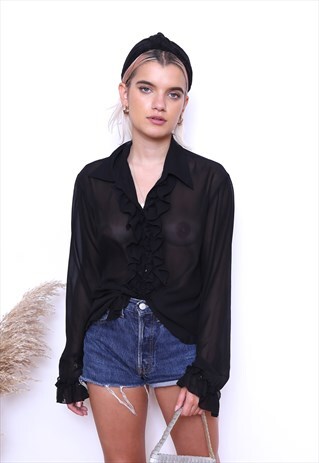 VINTAGE 90S BLACK SHEER FRILL SHIRT
