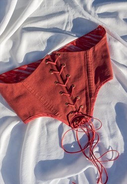 Reworked red denim under breast corset